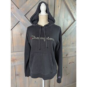 Champion Hoodie Men's Small Black Stitched Logo Kangaroo Pocket Pullover